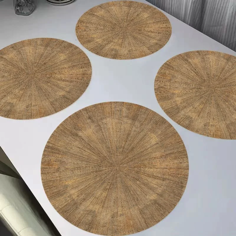 VIKAMA Vintage Vintage Brown Tone Radiating Wood Grain Circular Linen Placemat Insulation Wear-Resistant Dining Table Decor