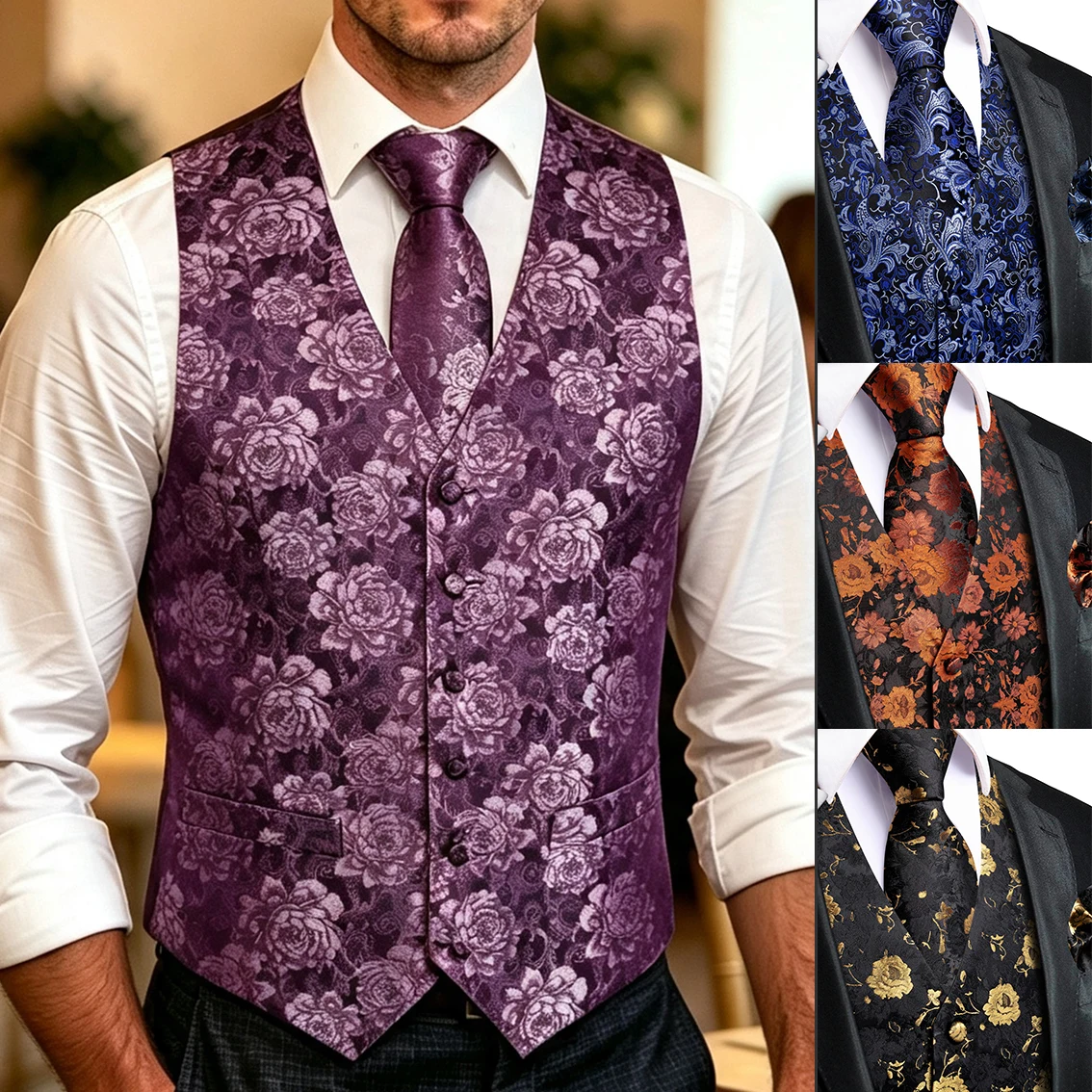 Formal Vest Waistcoat - เวอร์เวอร์โรว์ เสื้อกั๊กสีม่วงลายดอกไม้แบบแจ็คการ์ด คอวี พร้อมเนคไทและผ้าพันคอ สำหรับงานแต่งงานหรืองานเลี้ยงอย่างเป็นทางการ