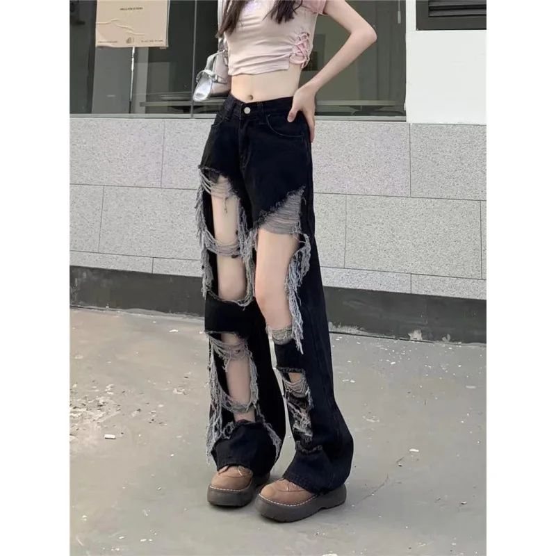 

2025 Summer New Style Hot Girl Black Ripped Jeans for Women with Frayed Edges, High Rise Straight Leg Floor-Length Pants