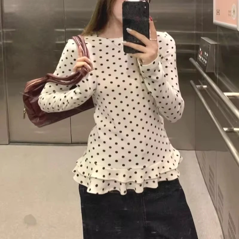 Korean Style New Ruffle Trim Long Sleeve T-Shirt For Women Polka Dot Thin Interior Top Sweet Shirts Women Clothes милый топ