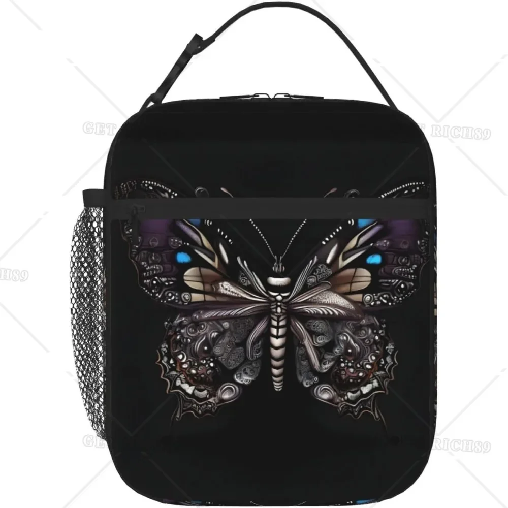 Science Butterfly Multifunctional Insulated Lunch Bag Black Reusable Portable Lunch Box with Pocket for Women Men Work School