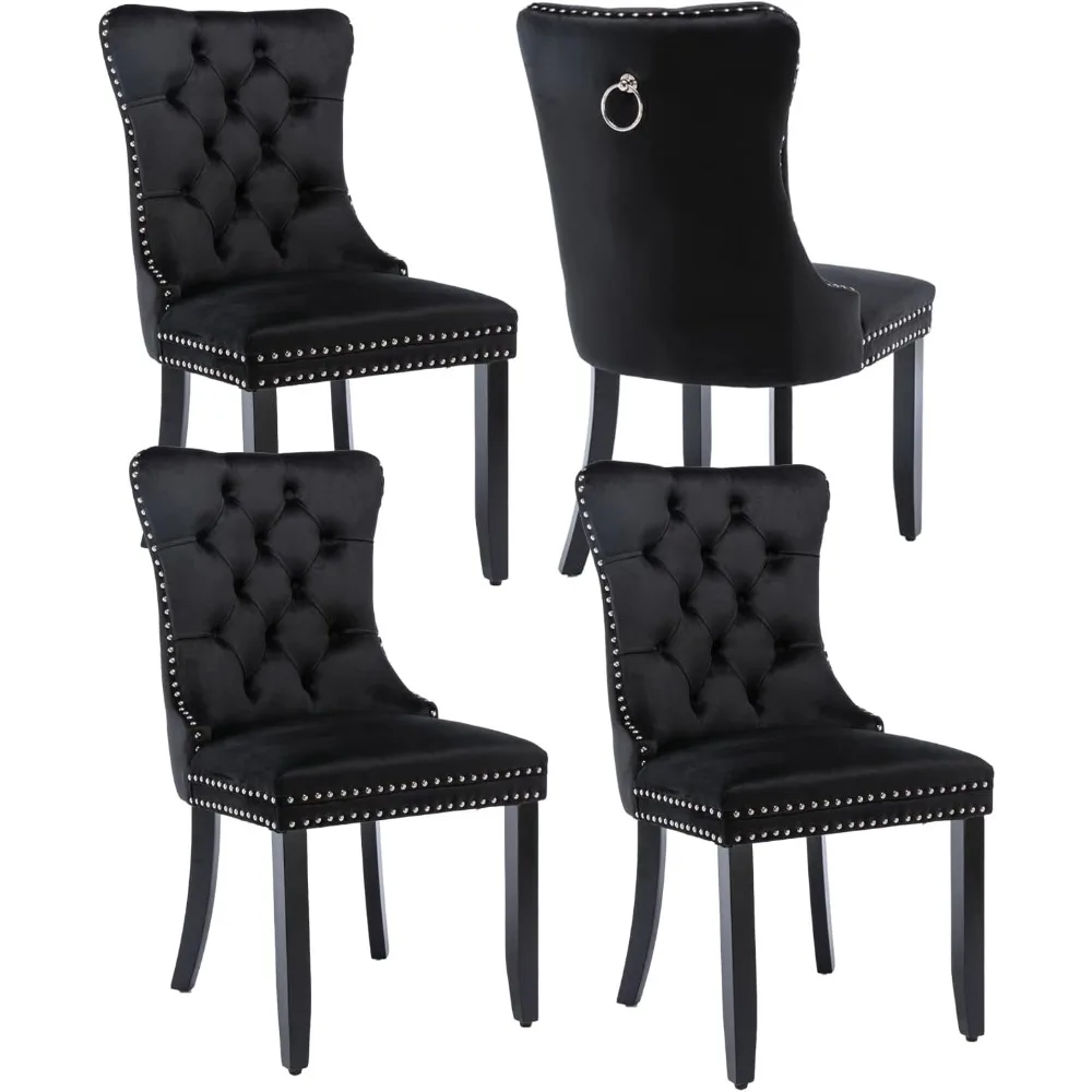 

Black Velvet Dining Chairs Set of 4, Upholstered Dining Room Chairs with Ring Pull Trim and Solid Wood Legs,Modern Dining Chairs