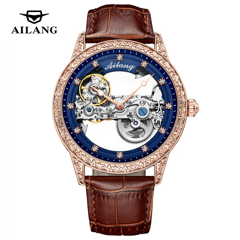 

AILANG Fashion Skeleton Mechanical Watch Mens Watches Top Brand Casual Clock Genuine Leather Strap 30M Waterproof Reloj Hombre