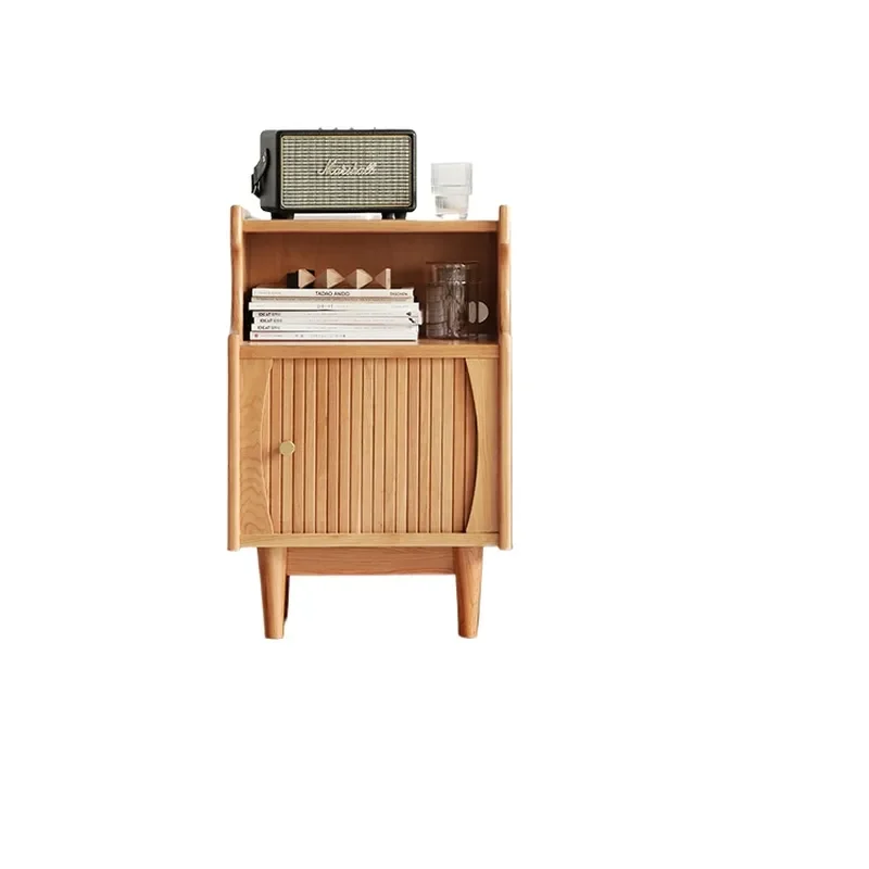Nordic Solid Wood Side Table with Rolling Shutter Door Small Storage Cabinet for Bedroom Living Room Sofa End Magazine Rack