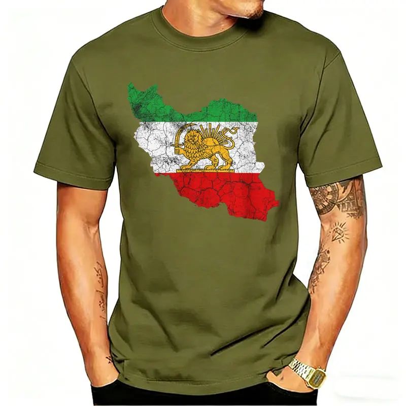 Distressed Iran Map Lion & Sun T-Shirt Men's Vintage Persian Heritage Emblem Top for Iranian Culture Patriots & History Lovers