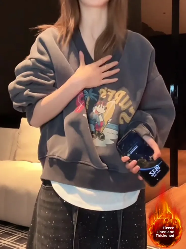 

Женская толстовка с V-образным вырезом и ретро-принтом, свободного кроя, повседневная, утепленная, зимняя, новая, модная, в корейском стиле