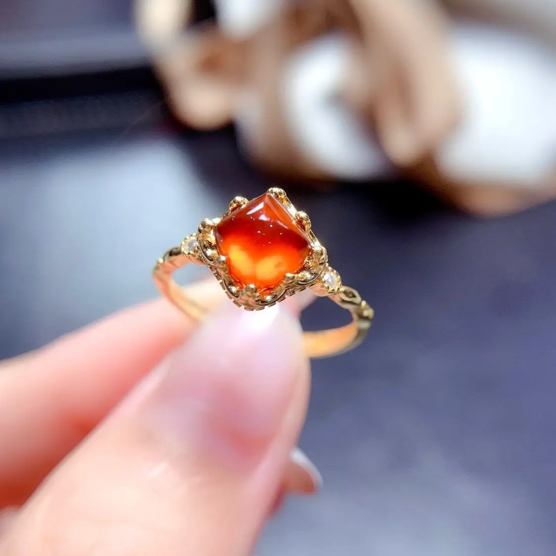 6x6mm Natural Partschinite Ring, Handmade 925 Sterling Silver Ring Spessartite Ring, Fanta Ring, Gift for Her, Anniversary Gift