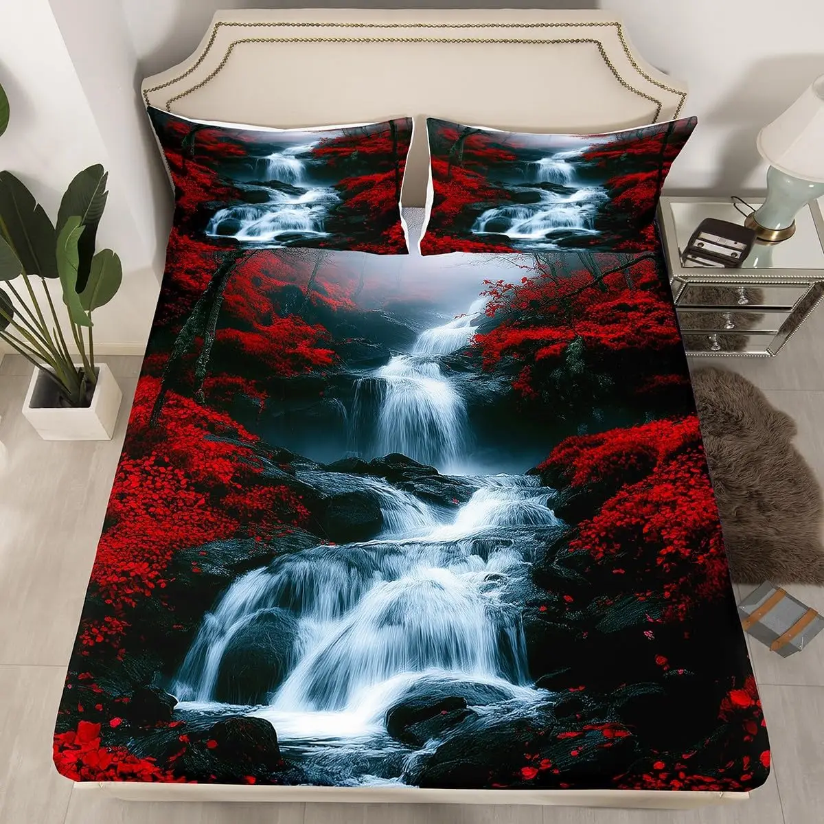 Waterfall Fitted Sheet Twin Queen Size Forest Mountain Bed Sheets Set Nature Scenery Bedding Set for Bedroom Dorm Decorative