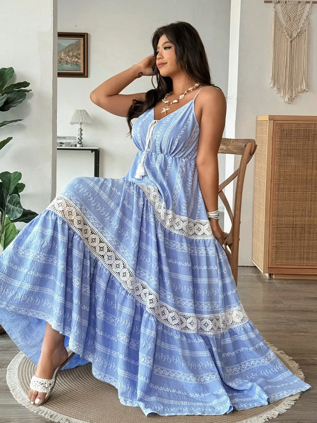 

Boho Blue Floral Lace Trim Maxi Dress Casual Vacation Beach Summer Dress