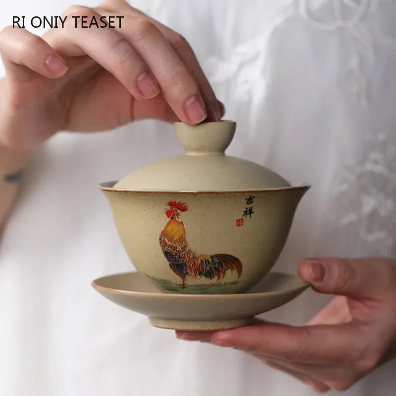 

150ml Chinese Traditional Ceramic Tea Tureen Teacup Handmade Tea Bowl Travel Portable Hand-painted Cock Gaiwan Home Teaware