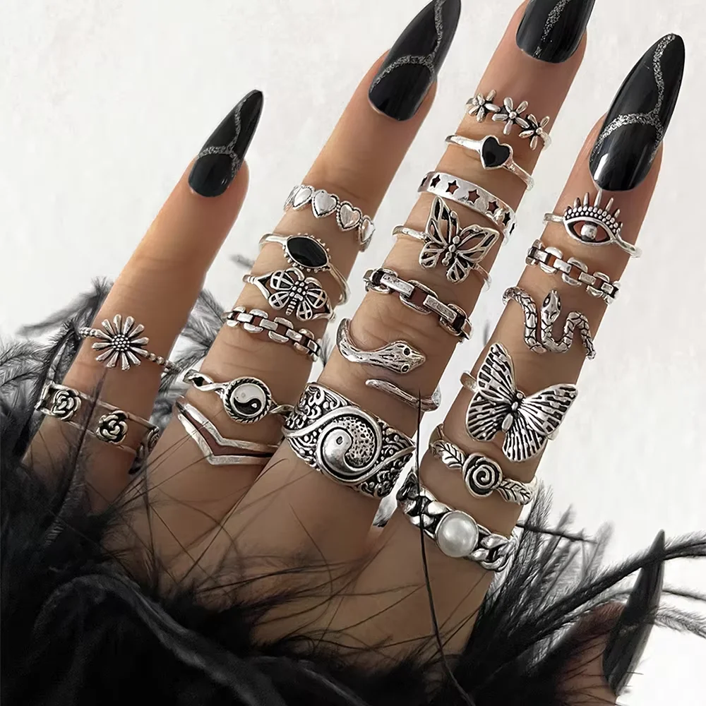 21 Pcs Gothic Rings Set for Women Fashion Simple Snake Butterfly Evil Eye Finger Ring Trendy Punk Jewelry Gifts 2024 New