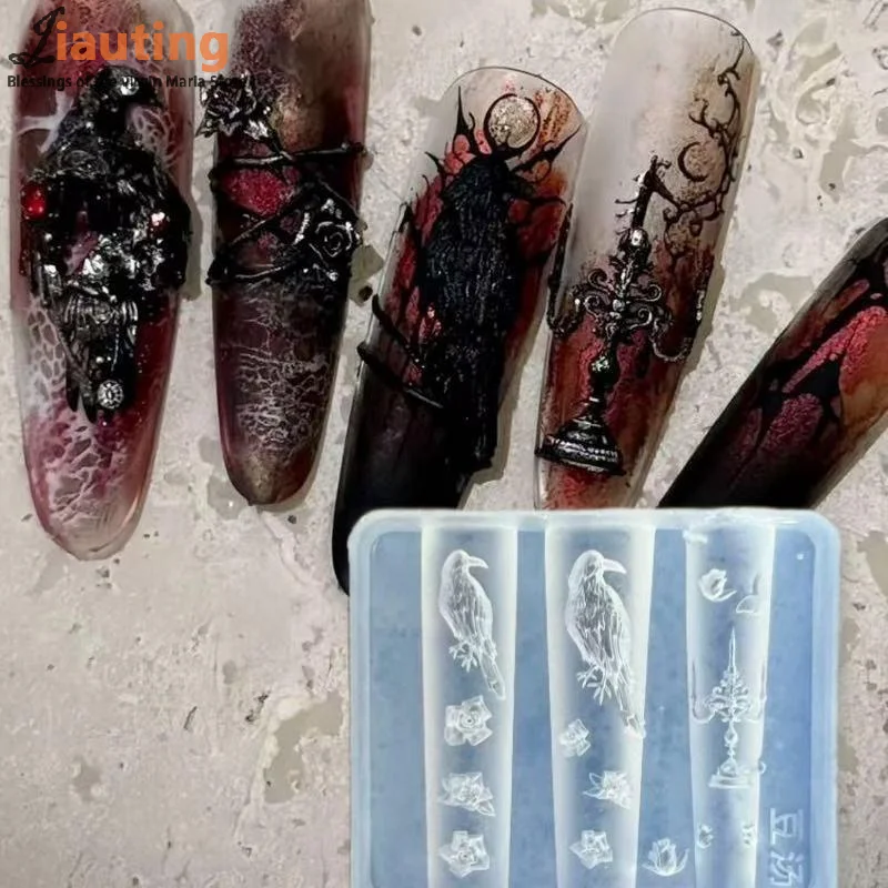 Retro Crow Rose Candlestick Silicone Nail Mold Flower 3D Nail Art Decoration DIY Transparent Mold Manicure Design Tools