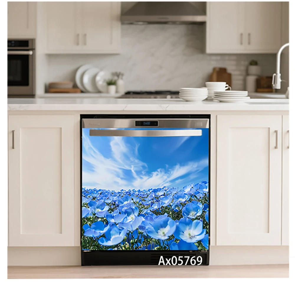 Fresh Spring Flower Field Mountain Landscape Dishwasher Door Sticker Self Adhesive Customize Home Decoration Door Stickers