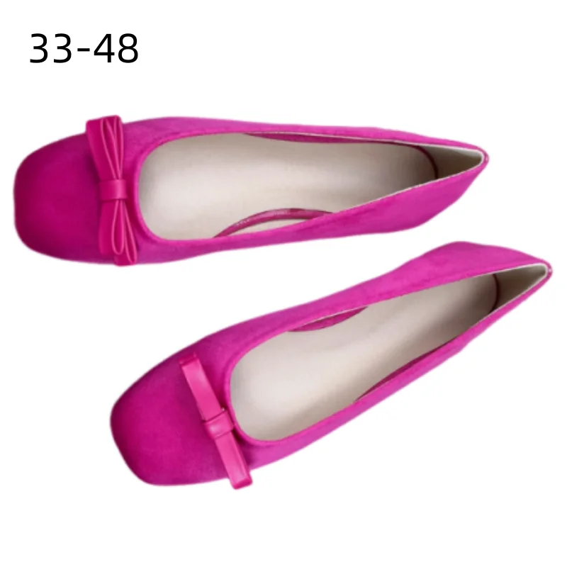 Ladies Leather Bow Tie Flats Square Tip Flock Slip-On In Yellow Rose Red Wide Fitting Outdoor Walking Driving Shoes 33 48 47 45