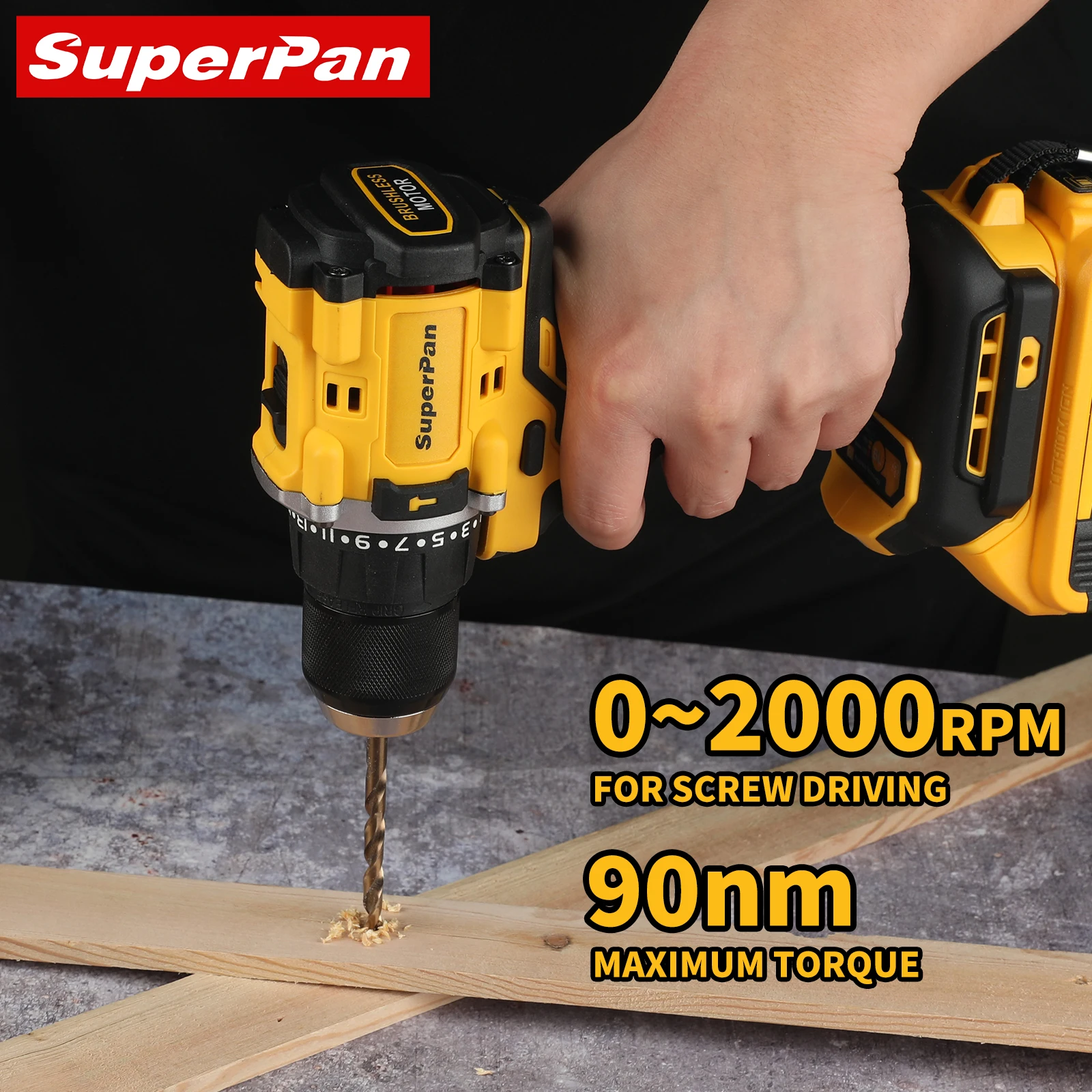 Superpan Pro-Grade SP805 20V Brushless Cordless Drill - Ergonomic Handle, 55mm Wood Drilling & 13mm Chuck with LED Light