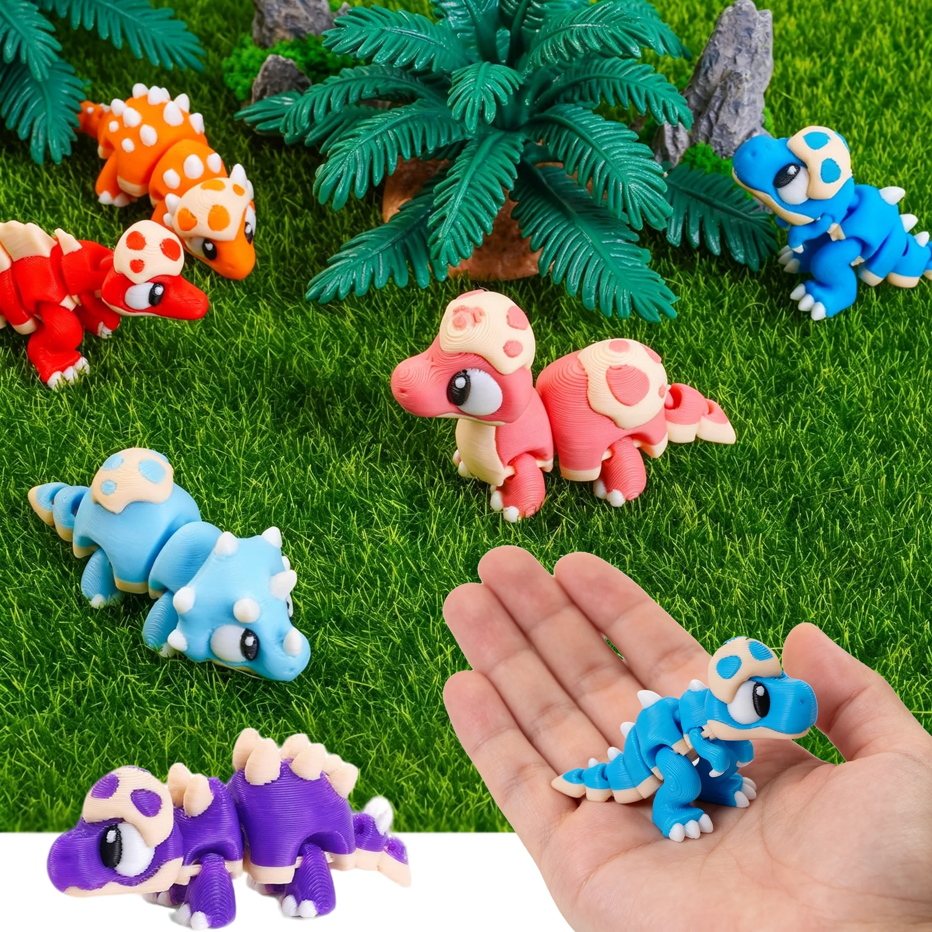 Set 3D Printed Mini Dinosaur Toys Movable Joints Egg Shell T-Rex Spinosaurus Triceratop Brachiosaurus for Desktop Decor Kid Gift