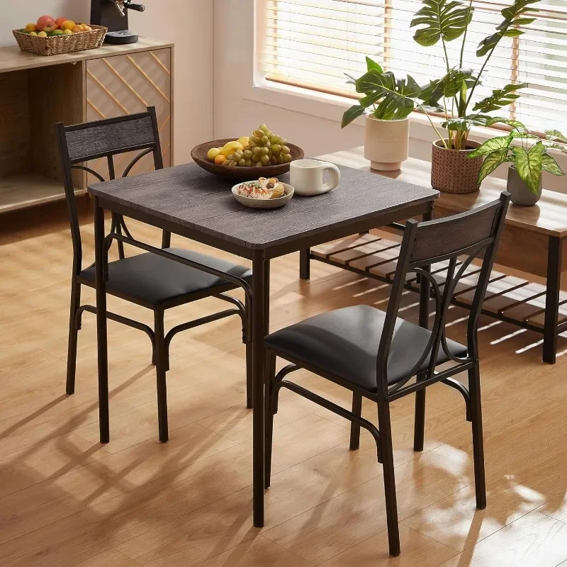 Kitchen&Dinning Room 3 pieceTable Dinner Table Pu Cushion Chair Small Space,Modern Industrial Style,Dark Brown, Dining set for 2