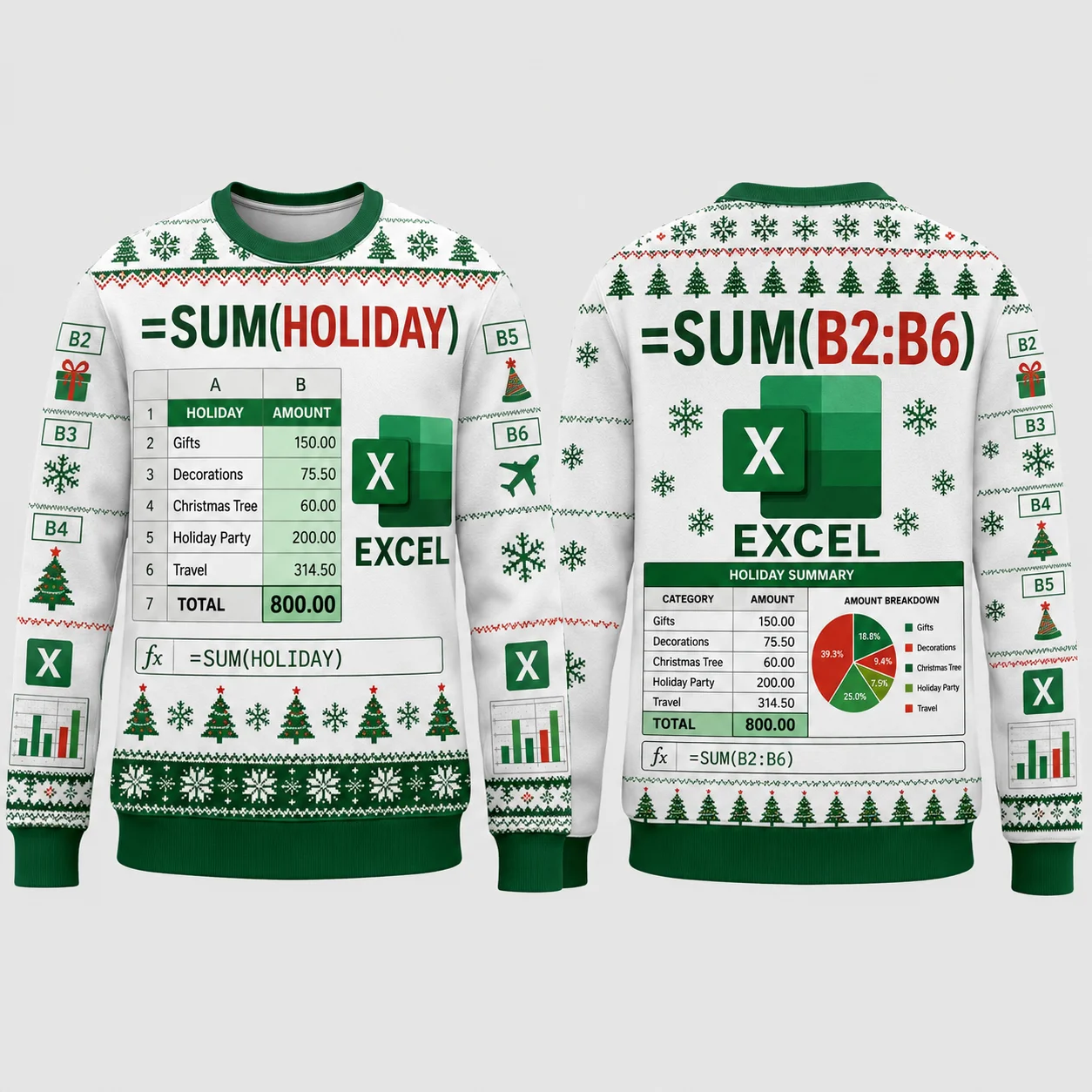Ugly Christmas Sweater Funny Excel Spreadsheet Formula Crewneck Sweatshirt Polyester 3D Graphic Xmas Pullover Holiday Top