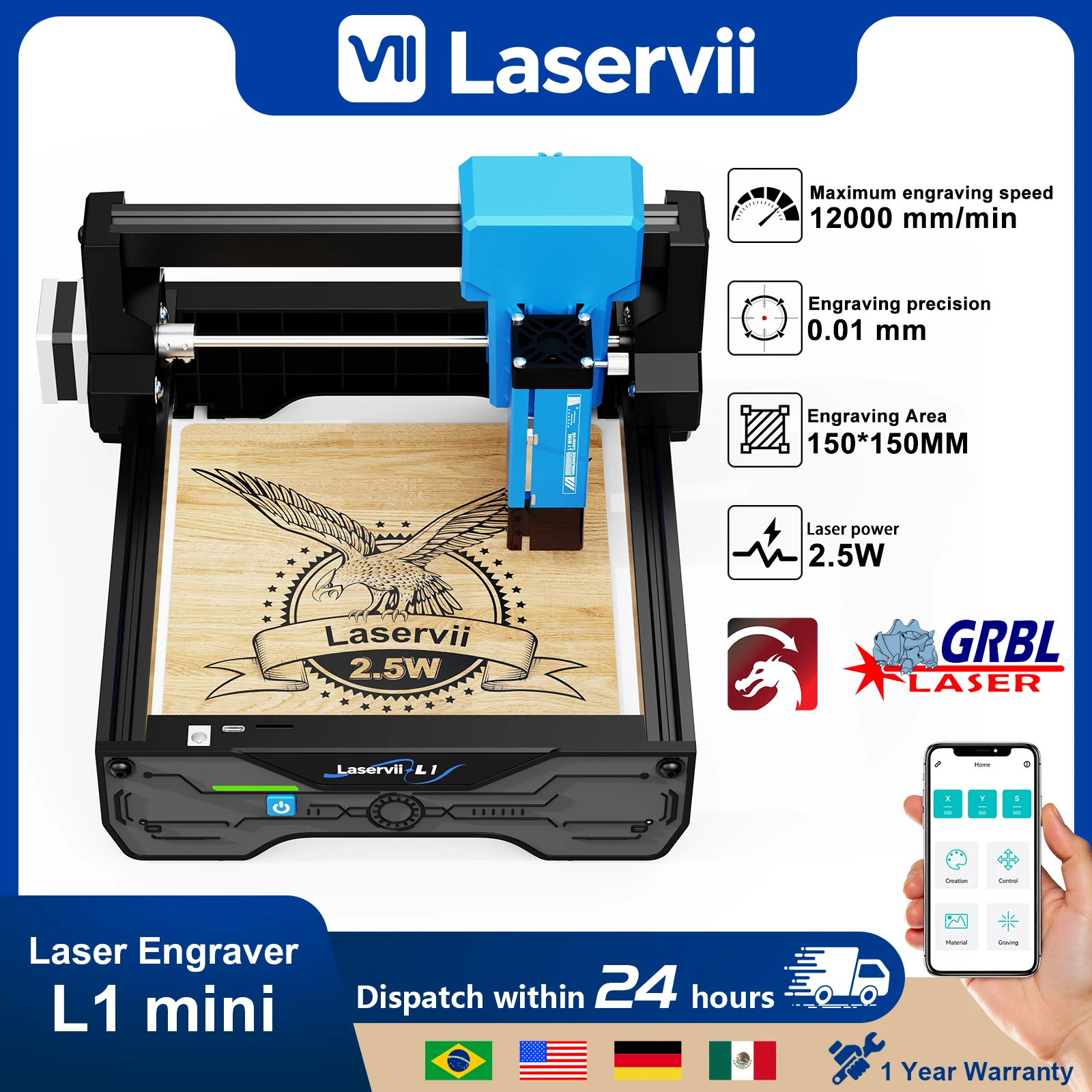 Laservii L1 Mini 3W desktop Laser Engraver Machine High Speed 12000mm/min 150x150mm CNC Engraving Machine Beginner Artwork Tool！