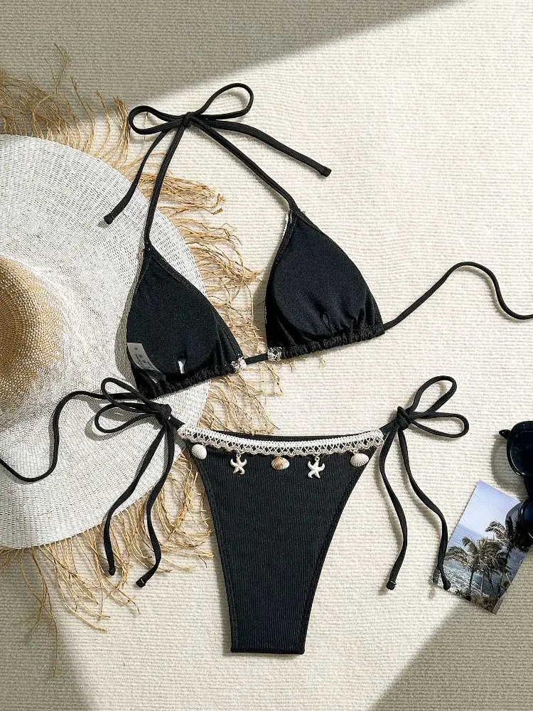 Cikini Women's Starfish & Shell Decor Halter Tie Bikini Set, High Waist Tie Triangle Bottoms, Beach Swimsuit