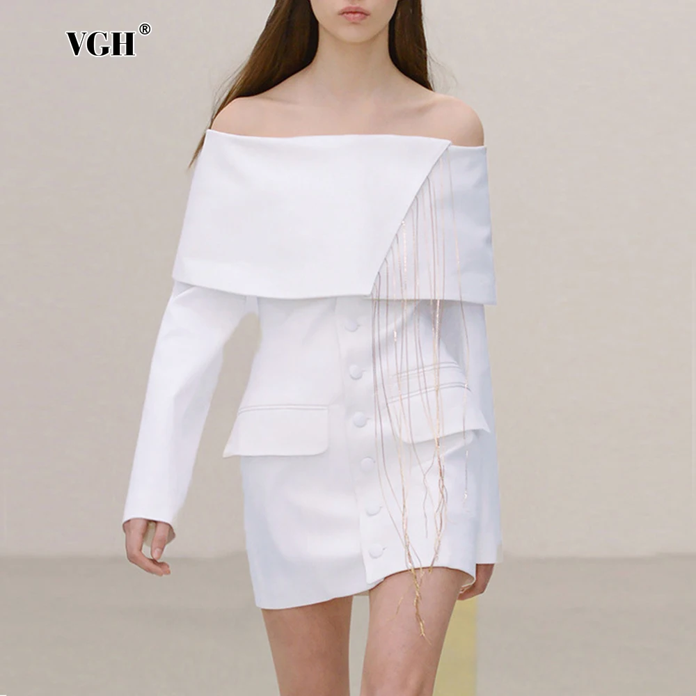 

VGH Minimalist Slimming Mini Dress For Women Slash Neck Long Sleeve High Waist Patchwork Single Breasted Dresses Female Fashion