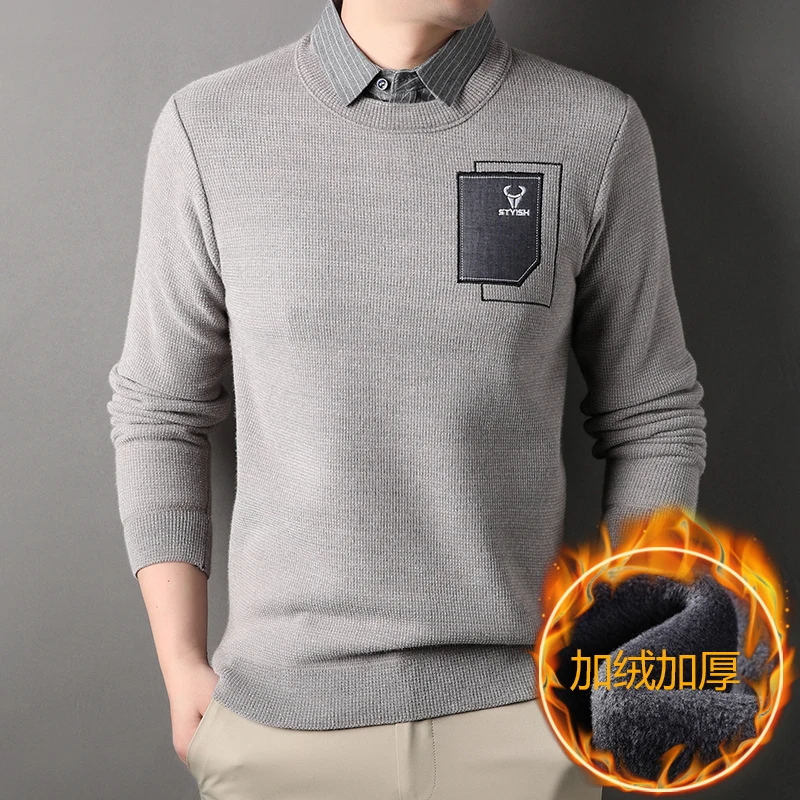 

2025 New Shirt Collar Men's Winter with Added Velvet and Thickened Fake Two Loose One-piece Velvet Warm Knit Sweater Base Shirt