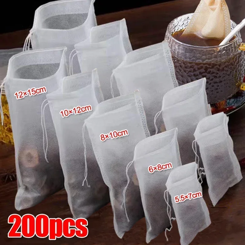 200/50PCS Disposable Tea Filter Bags Non-woven Fabric Tea Bag with Drawstring Kitchen Filter Paper for Coffee Herb Loose Tea