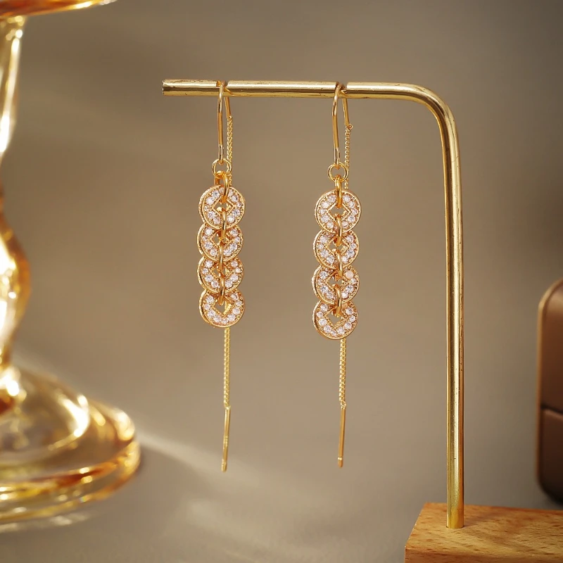 

Chinese Style Good Luck Wealth Five Emperors Coins Long Tassels Classical Fashion Women Ear Lines Retro Personality Accessories
