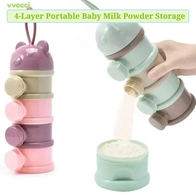 4-Layer Portable Baby Milk Powder Storage Container–Cartoon Bear Design with Multiple Compartments for Cereal&Toddler Snacks