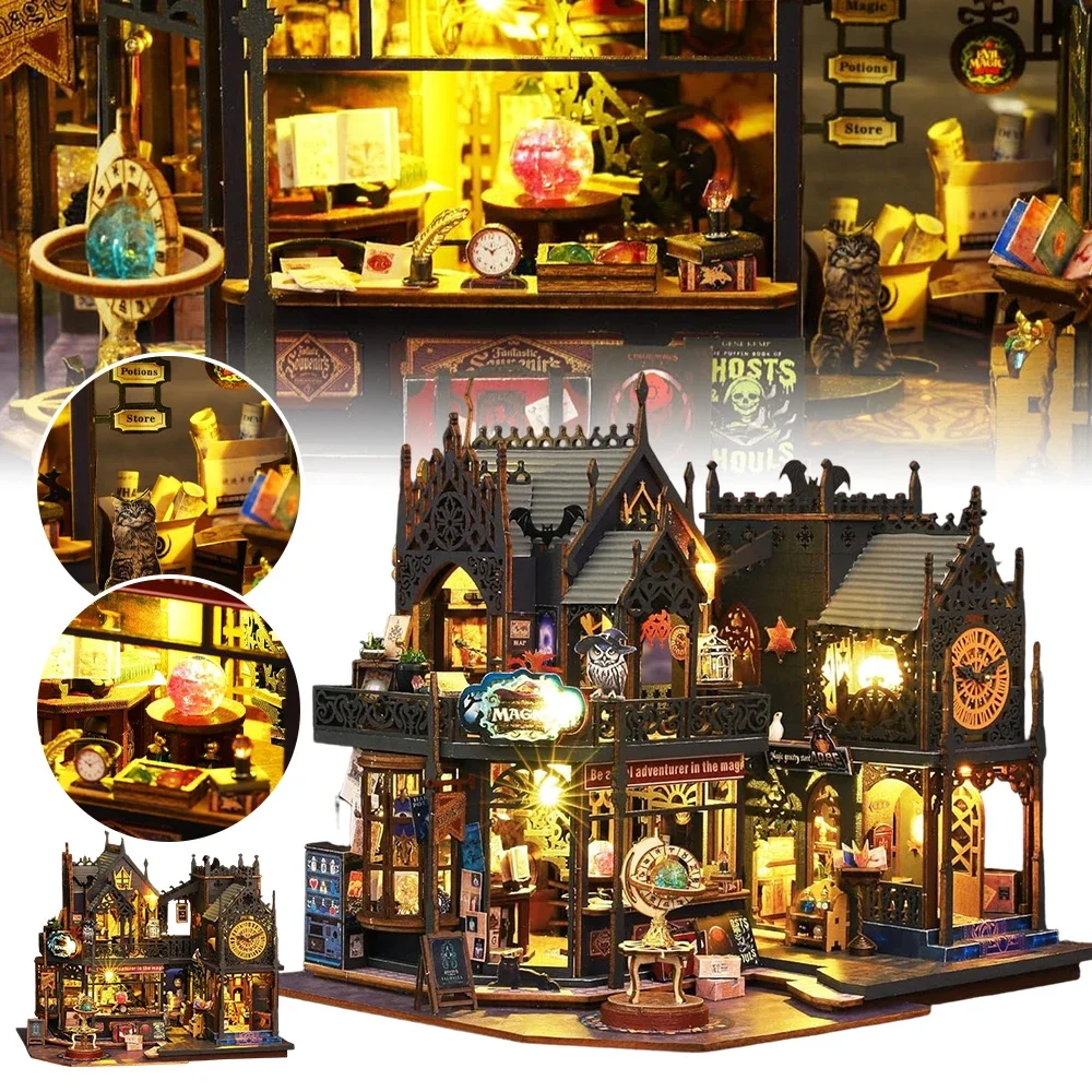 1 ensemble de modèles de château enchanté 3D, modèle de ville magique assemblé à la main, avec lumières LED, cadeau idéal pour les mini jouets à assembler.