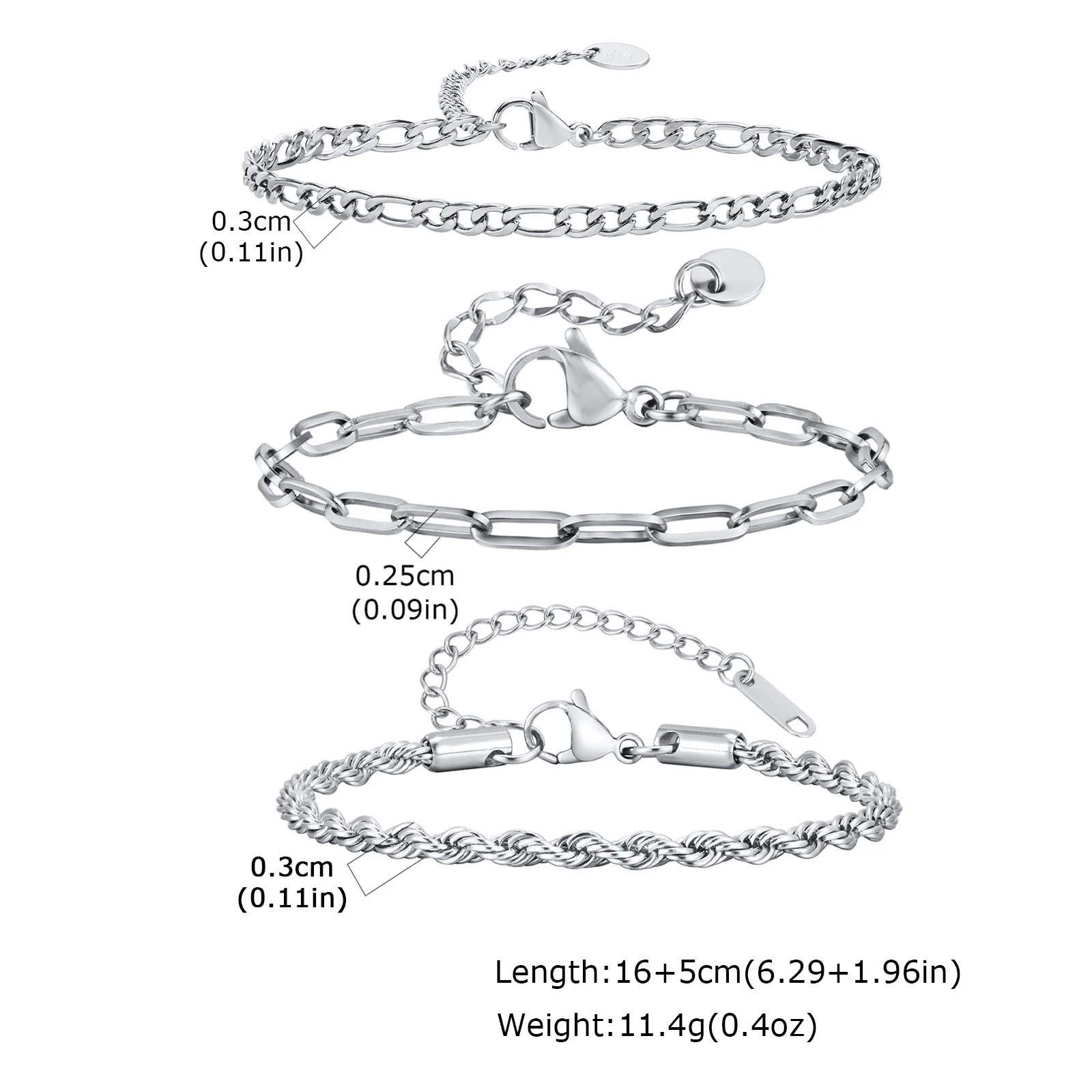 3-teiliges Herren-Armband mit dünner Kette, nie verblassendes silberfarbenes Twist-Ketten-Armband, stilvolles Punk-Schmuckgeschenk für Ehemann, Vater, Sohn