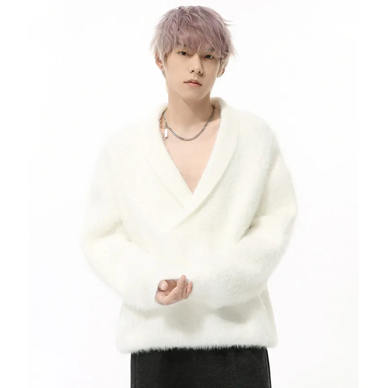 Korean Niche Design Men's Sweater Mohair Loose Clothing Big V-neck Casual Male Solid Color Pullovers Tide 2025 Spring