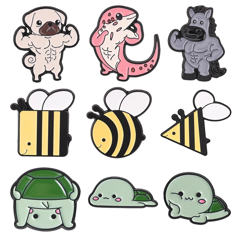 Cute Strong Muscle Animal Enamel Pins Funny Geometric Bee Green Lazy Turtle Brooches Lapel Badge Jewelry Gifts for Friends