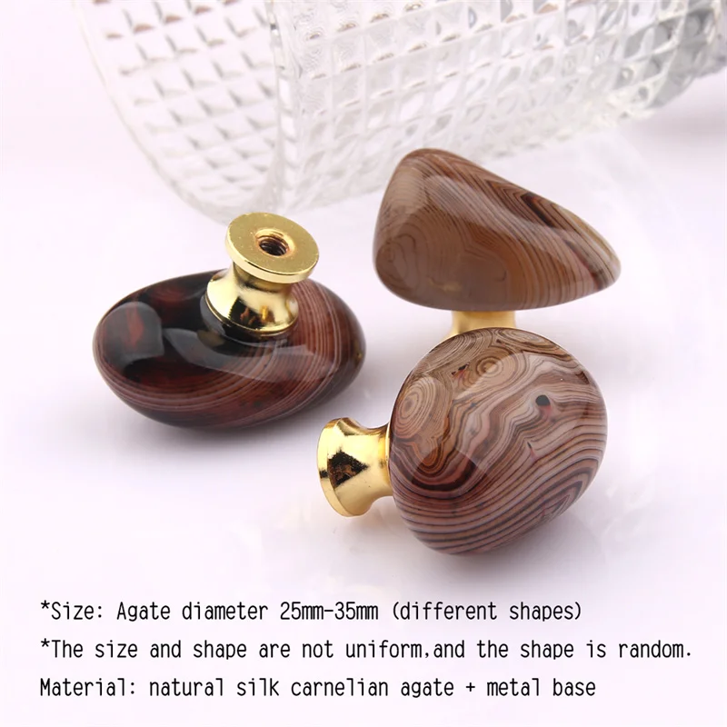 25-35mm Diameter Light Luxury Natural Silk Agate Stone Handle Drawer Wardrobe Door Jewelry Box Knob Single Hole Handles Diy