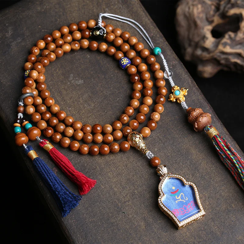 Natural Cook 108 Buddha Beads Neck Hanging Glass Agate Peach Wood Medicine Buddha Thangka Pendant