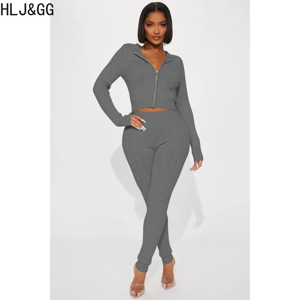 HLJ&GG Casual Solid Knitting Two Piece Sets Women Zip Long Sleeve Crop Top And Skinny Pants Tracksuits Female Sporty 2pcs Outfit