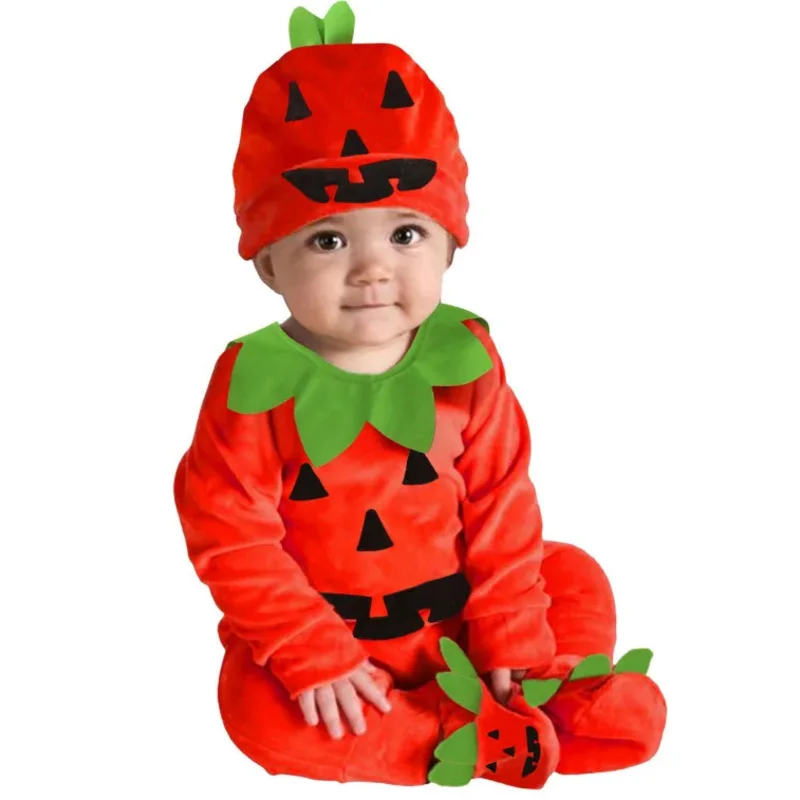 Ensemble de combinaison à imprimé visage de Aliments pour bébés garçons et filles, costume d'Halloween, barboteuse mignonne, chapeau, chaussures Outf AA, manches longues, nouveau, 3 pièces, 2025