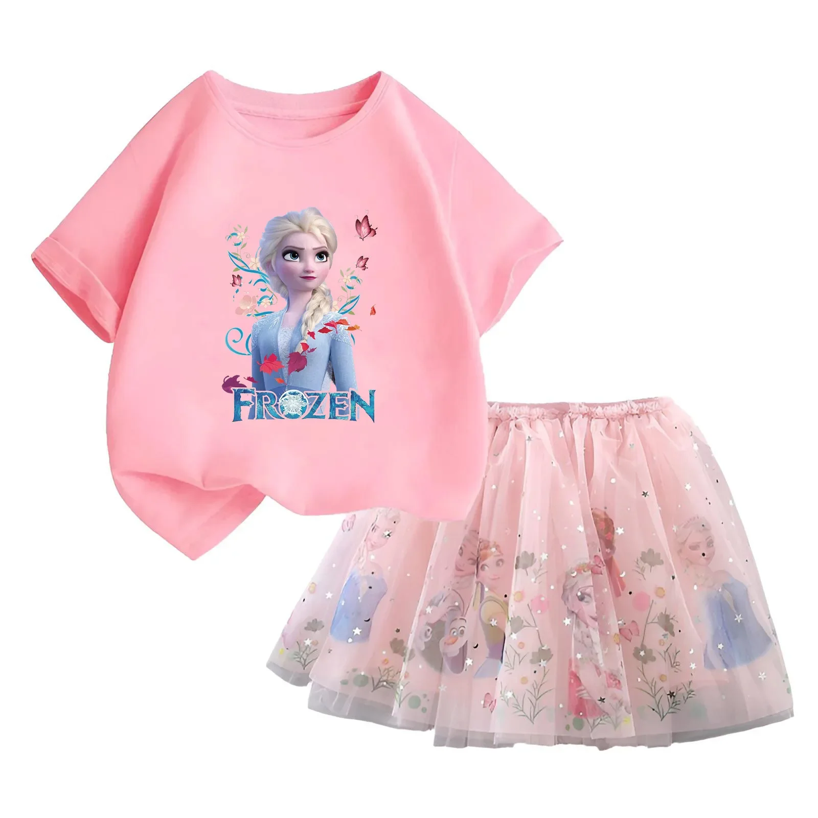 Disney Frozen Elsa Pretty T Shirt and Mesh Skirt Two Piece Tutu Skirt Summer Fashion Girl 3-14 Year Children Party Clothing