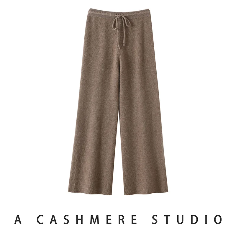 Women's 100% cashmere pants casual solid color knitted elastic waist wide-leg pants pleated thickened matching pants warm