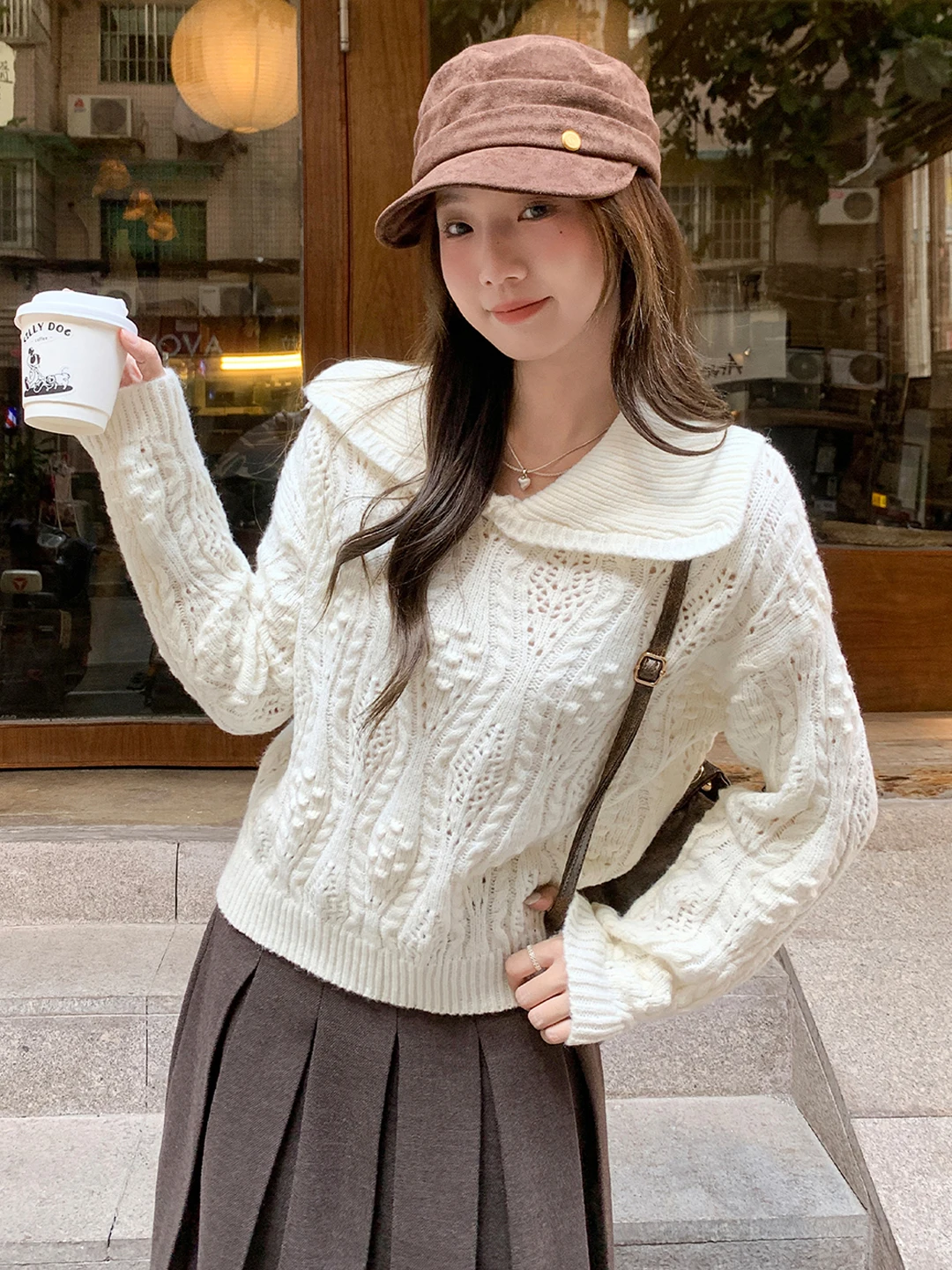 

Вязаный свитер Sweet Girl, белый, с ажурным узором, воротником-стойкой и косами, женская модная одежда для осени и зимы