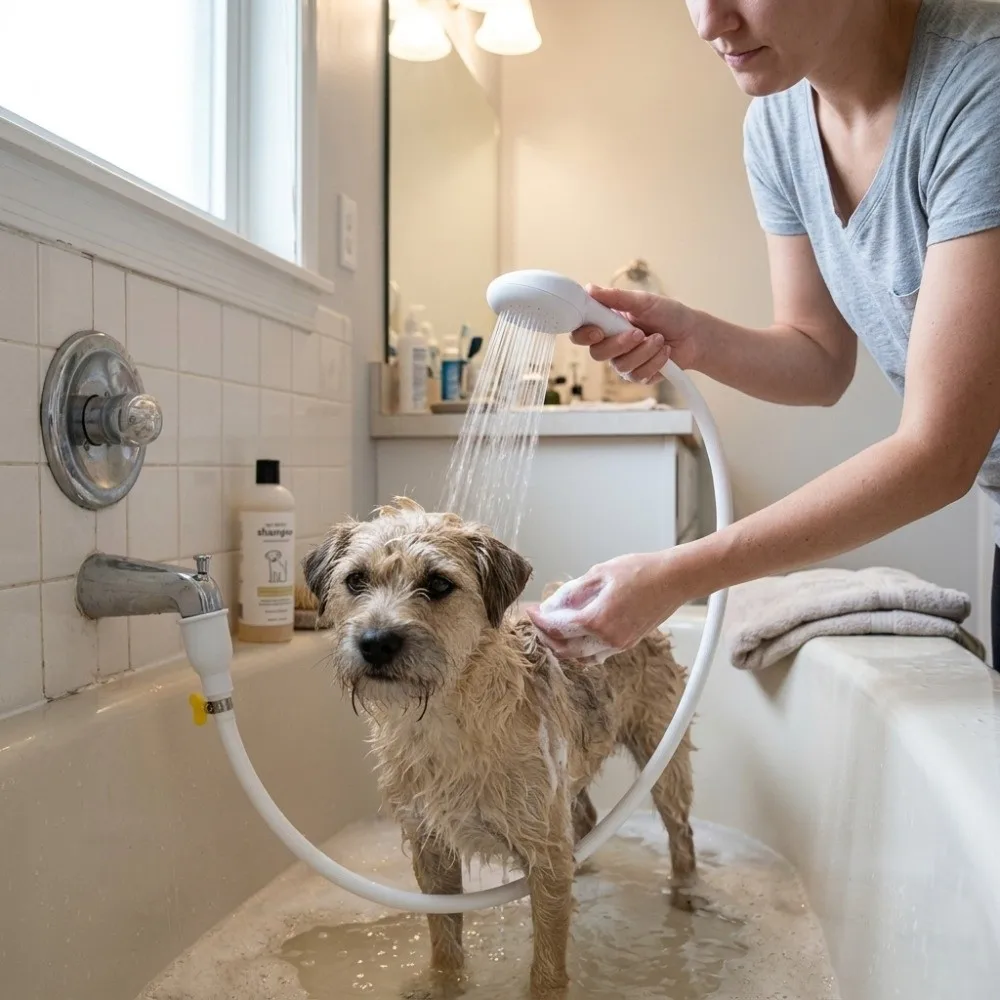 Solid Resin Build Body Pet Shower Sprayer Plug-in Mount Type Extended Hose Length Quick Connect Nozzle Adjustable Water Flow