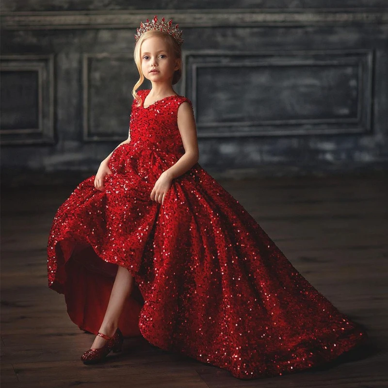 New Kids Puffy Princess Ball Gown with Long Train Sequin Dress for Host Piano Flower Girl Pageant Evening Performance Children