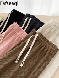 Autumn Floor Length Sports Pants for Women Loose Elastic Waist Wide Leg Trousers Rib Knitted Sweatpants Female Stacked Pants