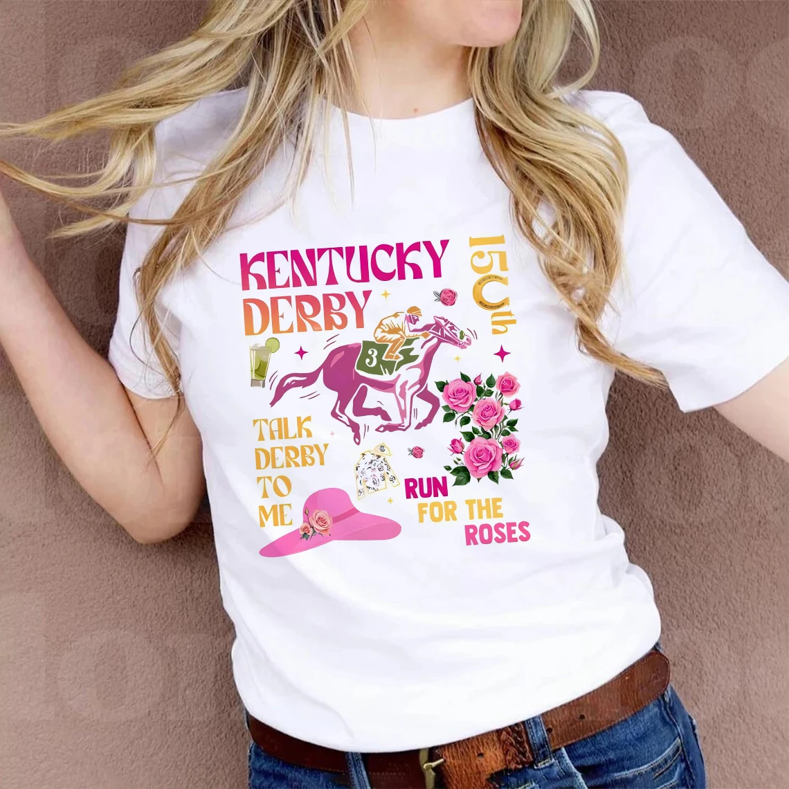 Camiseta Kentucky Derby 150th Run for The Roses, camiseta Harajuku Vintage de manga corta para mujer, ropa de calle, camiseta de cuello redondo para mujer
