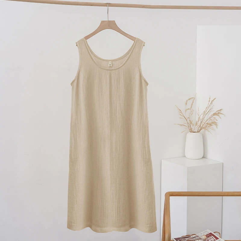 

Summer Muslin 100% Cotton Dress Women Robe 2024 Basic Tank Sleeveless Dress Causal Beige Dresses Roupas Femininas Frete GráTis