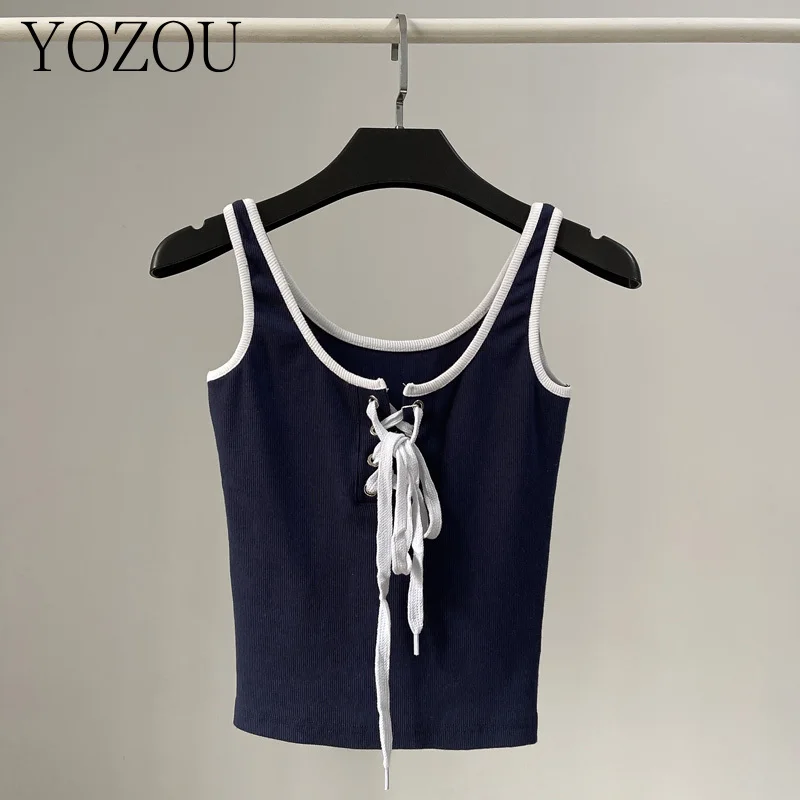 [YOZOU] Summer Vintage Pink Black Ribbed Cotton Bandage Lace Up Sleevelees Crop Tank Top Sports Tee Going Out Women Korean