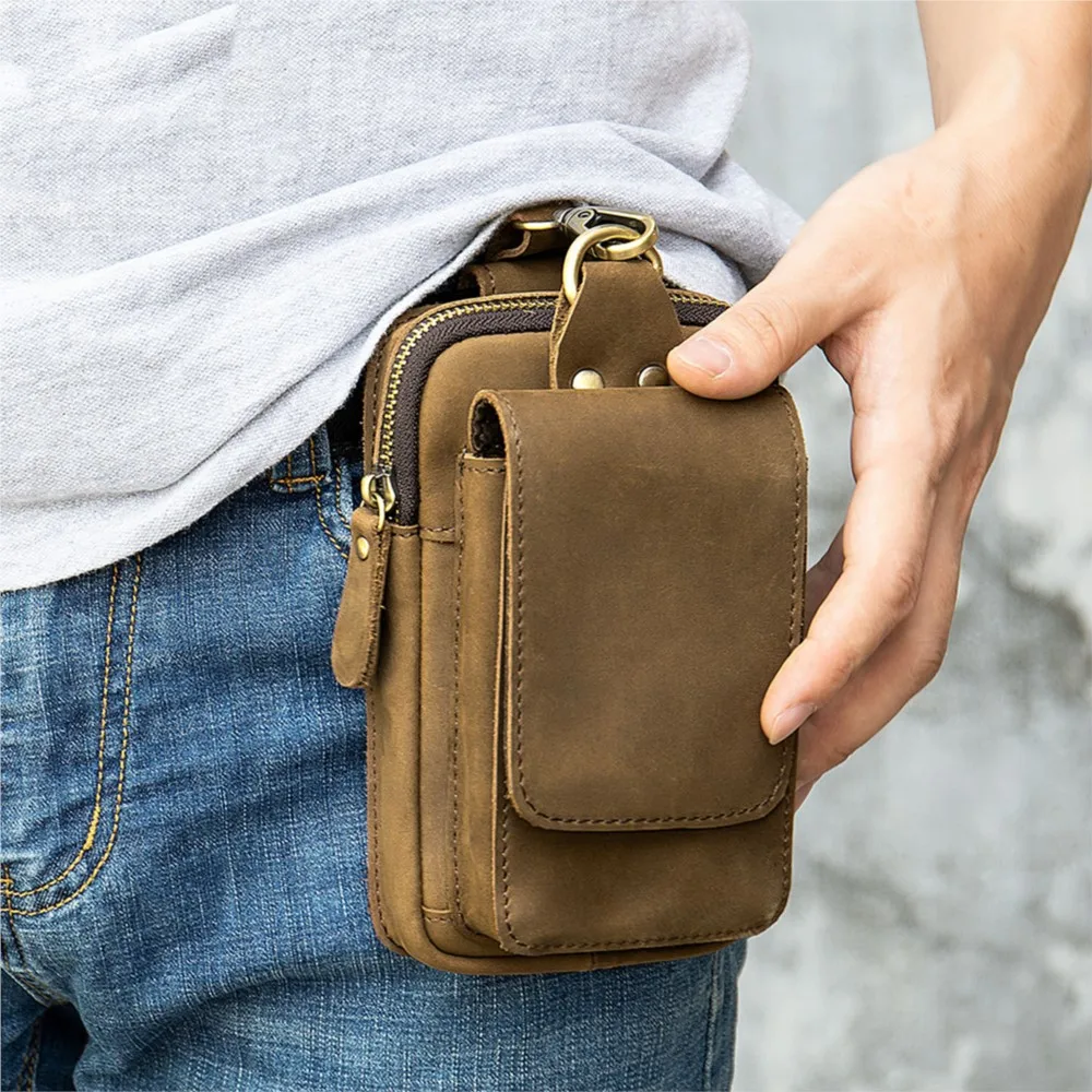 Vintage Leather Waist Pack Men\'s Genuine Leather Travel Belt Waist Bags Male Small Phone Pouch Loop Hip Bum Bag Man Belt Pouchs