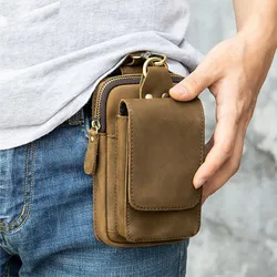 Pacote de cintura de couro genuíno vintage para homens, sacos de viagem masculinos, pequeno telefone malote loop, Hip Bum Bag, Man Belt Pouches