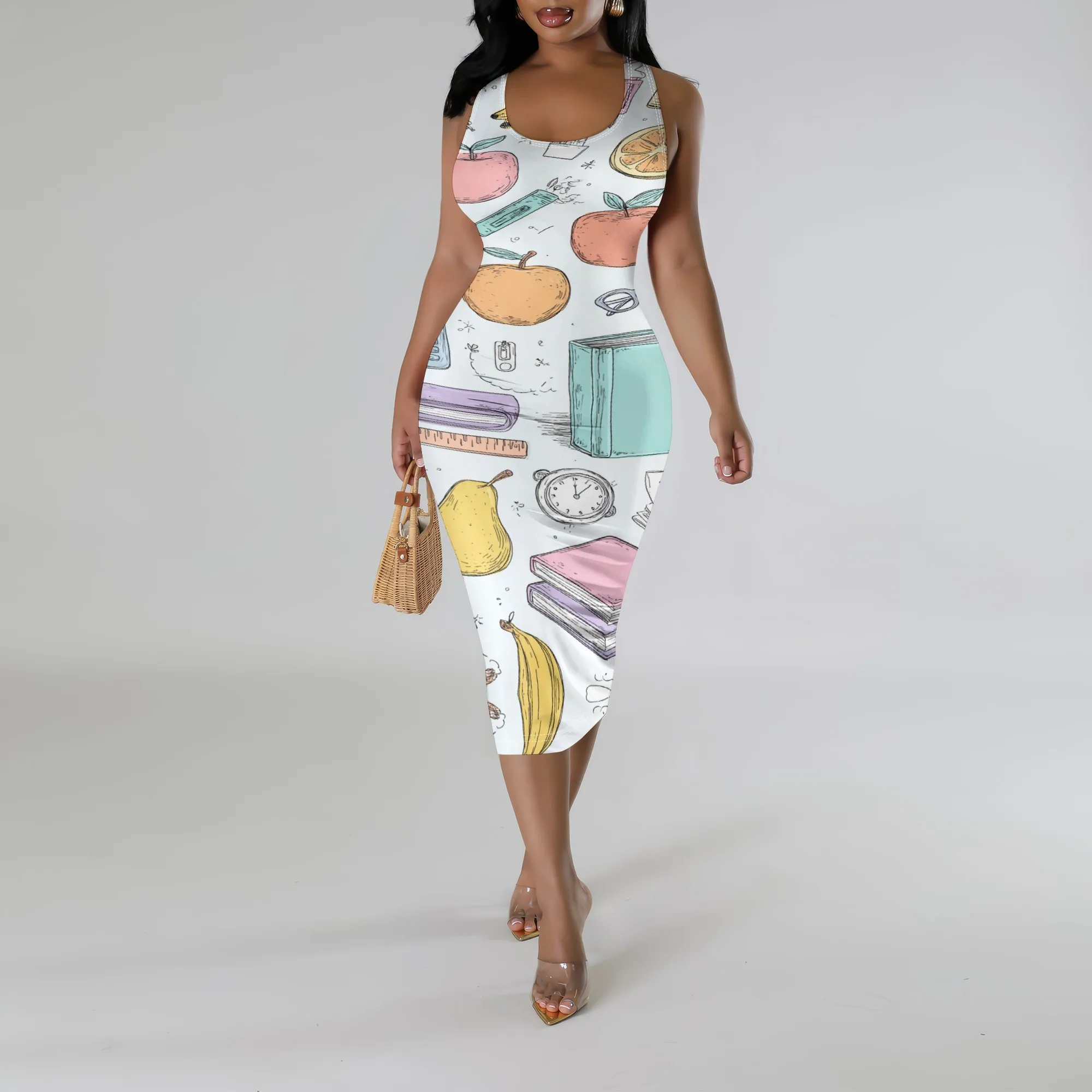 

Fruit & Books Print Bodycon Midi Dress XS-3XL Sleeveless Round Neck Slim Fit for Back to School, Teacher’s Day or Summer Look
