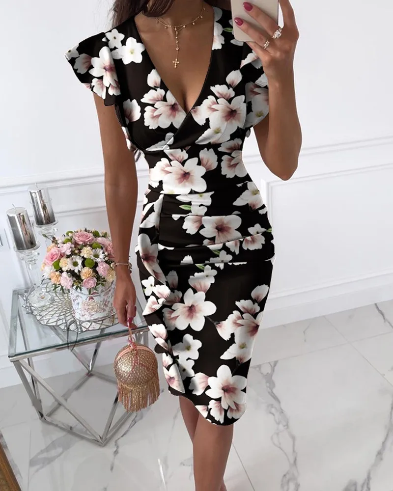 Ruffled Floral Print Women's Dress Clothing V-Neck Butterfly Sleeve Party Mid-Length Dress Long Robe Women